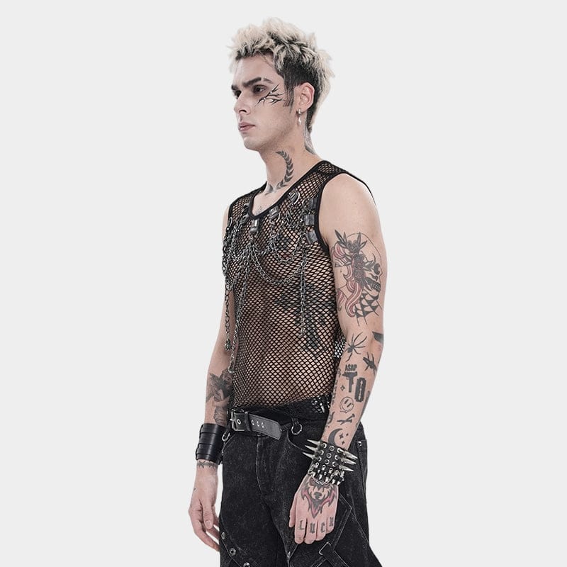 DEVIL FASHION Men's Punk Rivet Chain Mesh Tank Top