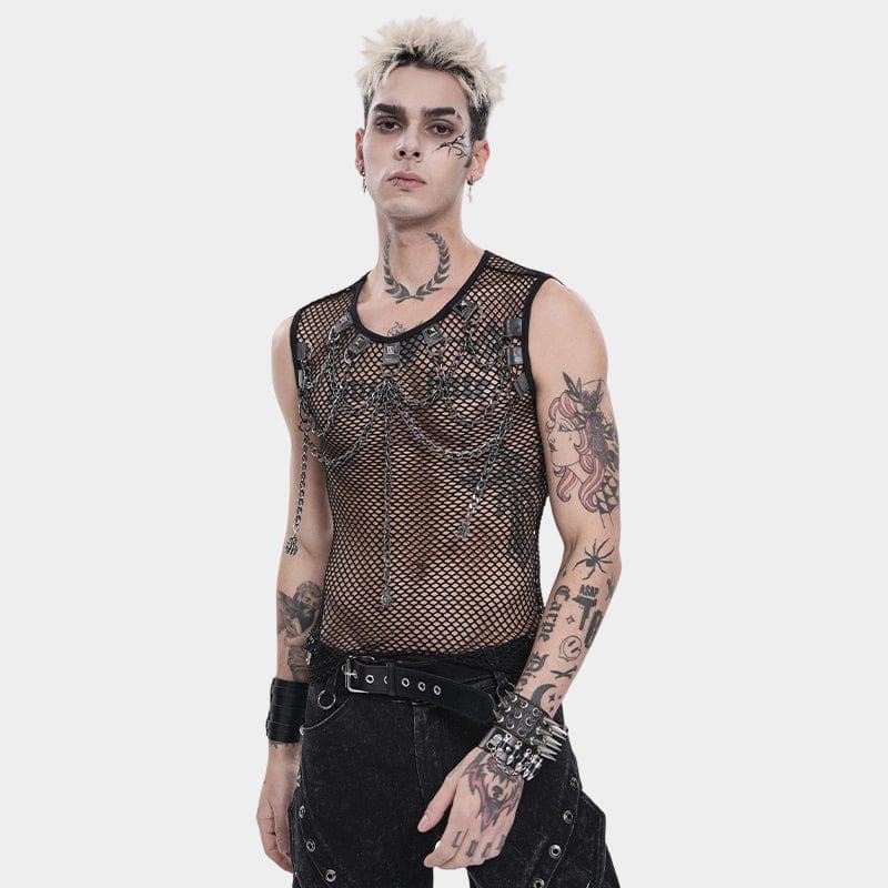DEVIL FASHION Men's Punk Rivet Chain Mesh Tank Top
