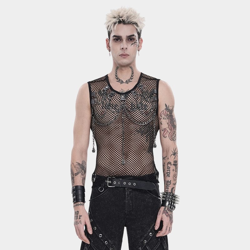 DEVIL FASHION Men's Punk Rivet Chain Mesh Tank Top