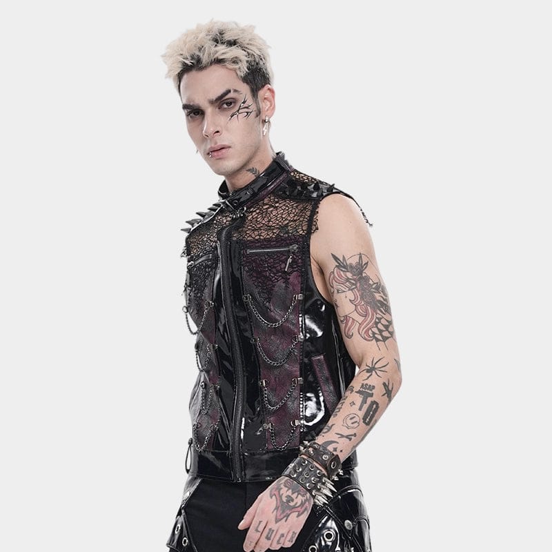 DEVIL FASHION Men's Punk Rivets Chains Mesh Patchwork Vest