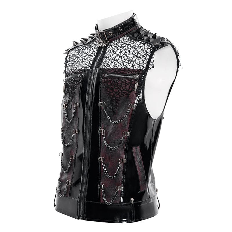 DEVIL FASHION Men's Punk Rivets Chains Mesh Patchwork Vest