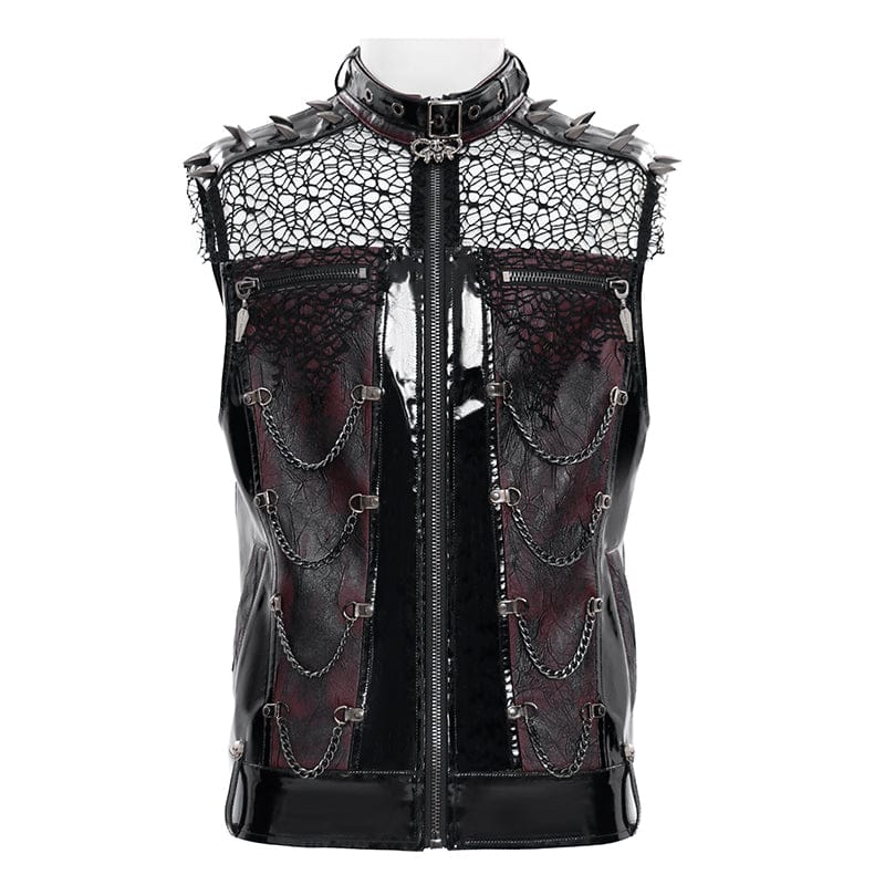 DEVIL FASHION Men's Punk Rivets Chains Mesh Patchwork Vest