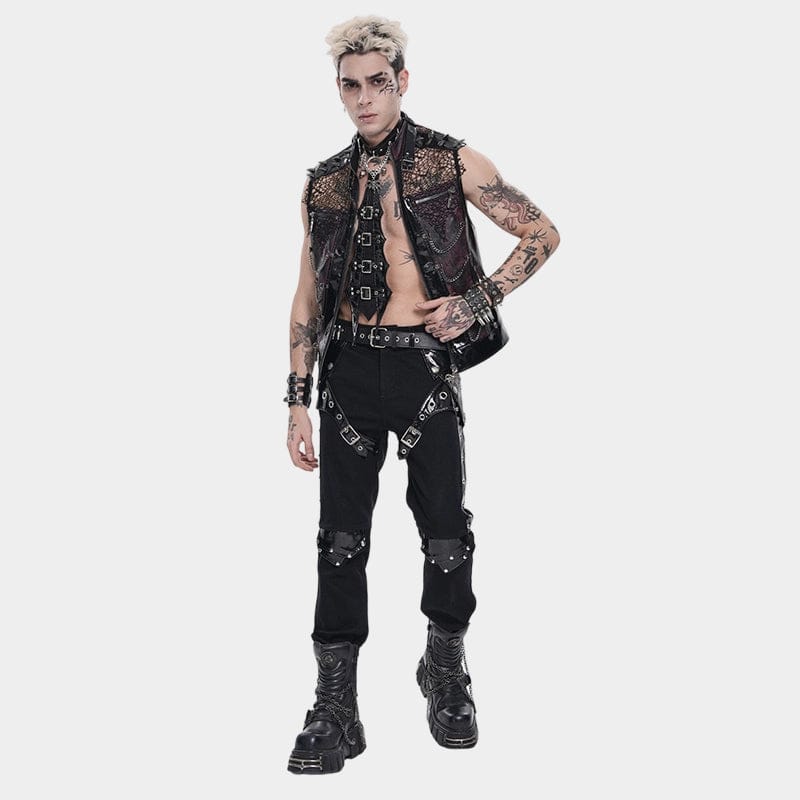 DEVIL FASHION Men's Punk Rivets Chains Mesh Patchwork Vest