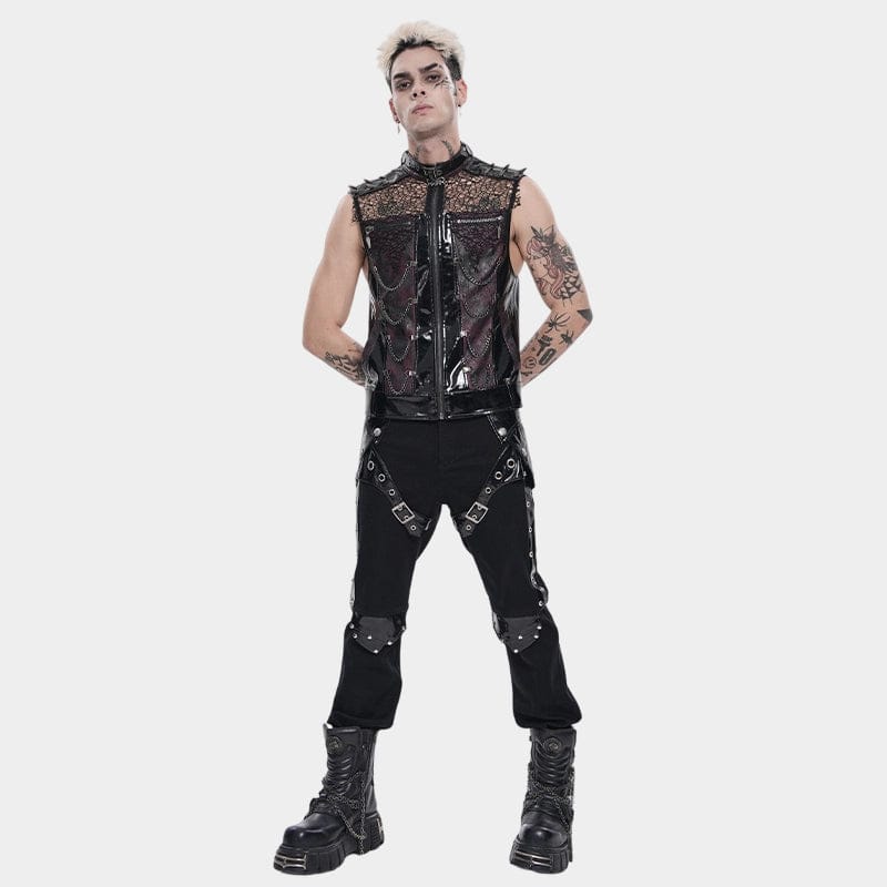 DEVIL FASHION Men's Punk Rivets Chains Mesh Patchwork Vest