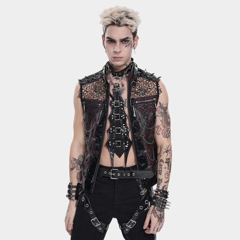 DEVIL FASHION Men's Punk Rivets Chains Mesh Patchwork Vest