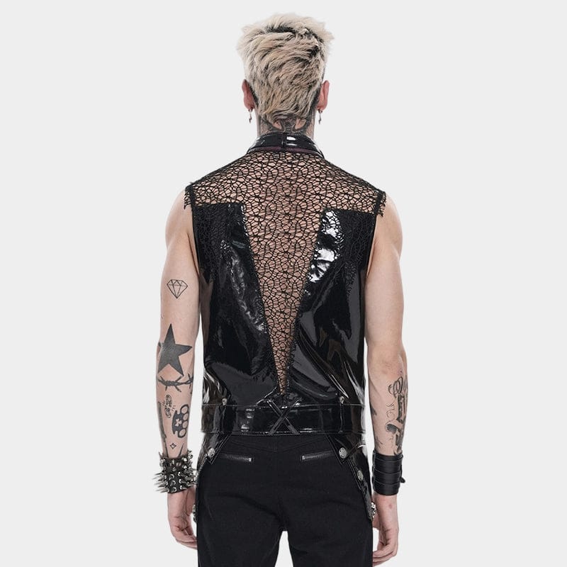 DEVIL FASHION Men's Punk Rivets Chains Mesh Patchwork Vest