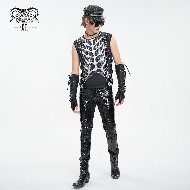 DEVIL FASHION Men's Punk Skeleton Patent Leather Splice Tank Top