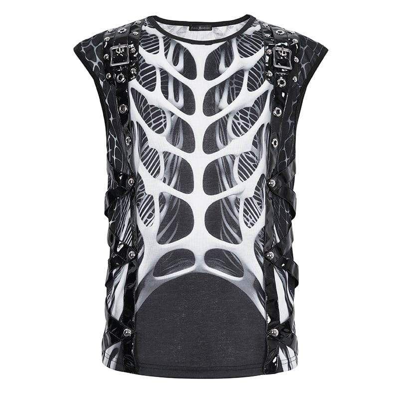 DEVIL FASHION Men's Punk Skeleton Patent Leather Splice Tank Top