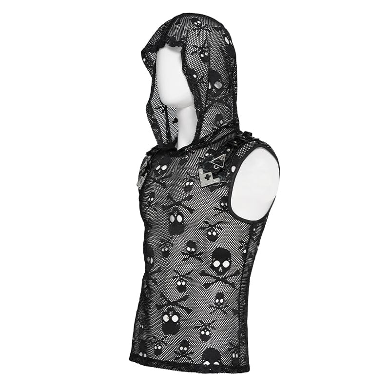 DEVIL FASHION Men's Punk Skull Hooded Mesh Tank Top