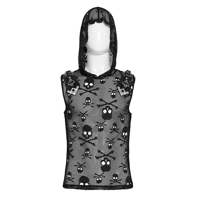 DEVIL FASHION Men's Punk Skull Hooded Mesh Tank Top