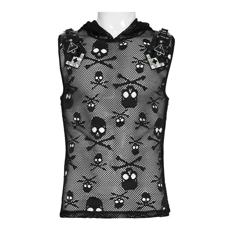DEVIL FASHION Men's Punk Skull Hooded Mesh Tank Top