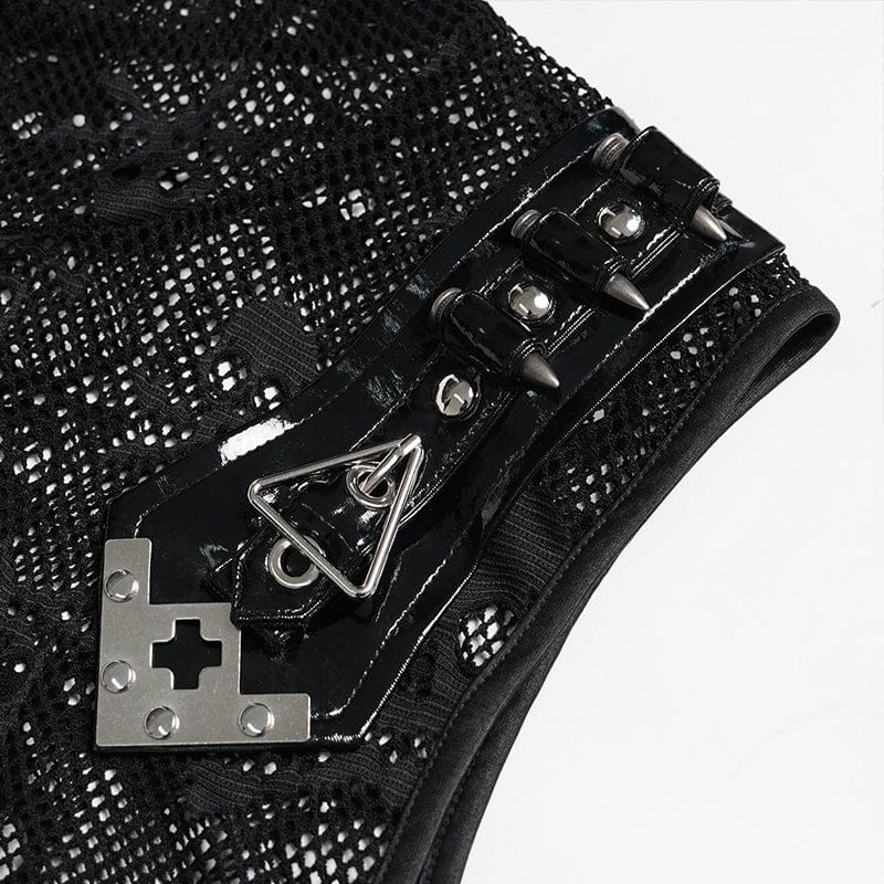 DEVIL FASHION Men's Punk Skull Hooded Mesh Tank Top