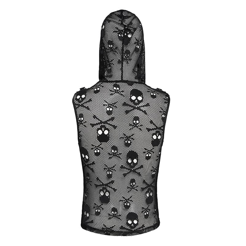 DEVIL FASHION Men's Punk Skull Hooded Mesh Tank Top