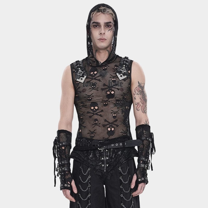 DEVIL FASHION Men's Punk Skull Hooded Mesh Tank Top