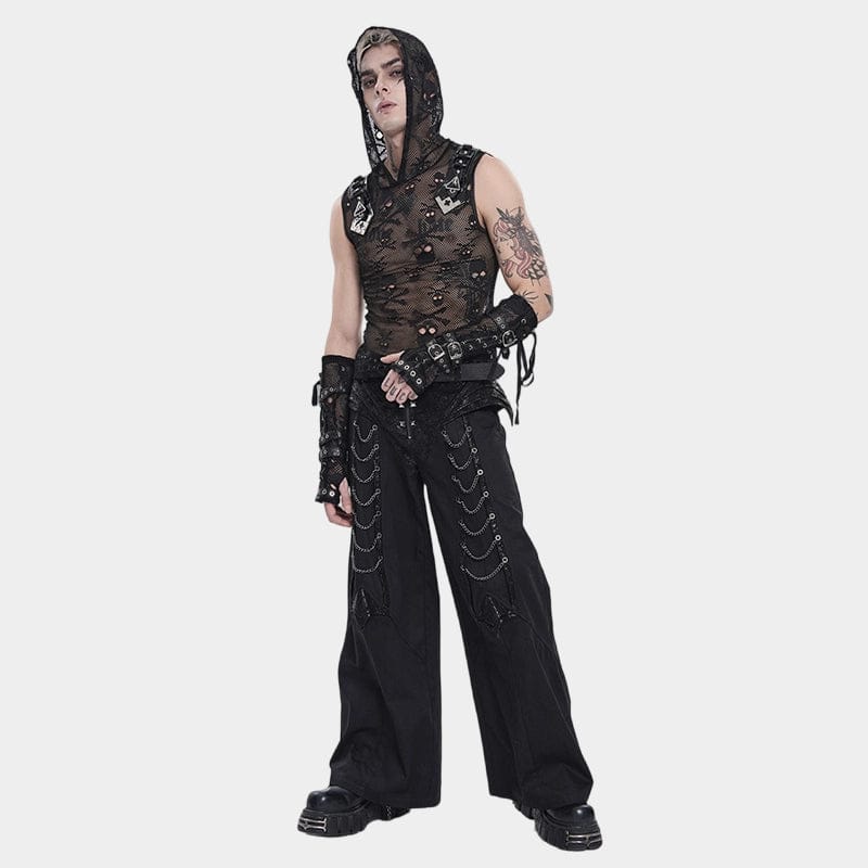 DEVIL FASHION Men's Punk Skull Hooded Mesh Tank Top