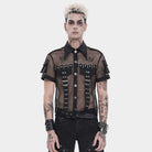 DEVIL FASHION Men's Punk Small Pockets Bullet & Rivet Mesh Shirt