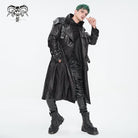 DEVIL FASHION Men's Punk Stand Collar Multi-buckle Faux Leather Coat Black