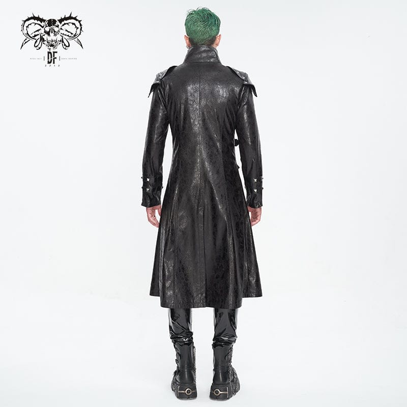 DEVIL FASHION Men's Punk Stand Collar Multi-buckle Faux Leather Coat Black