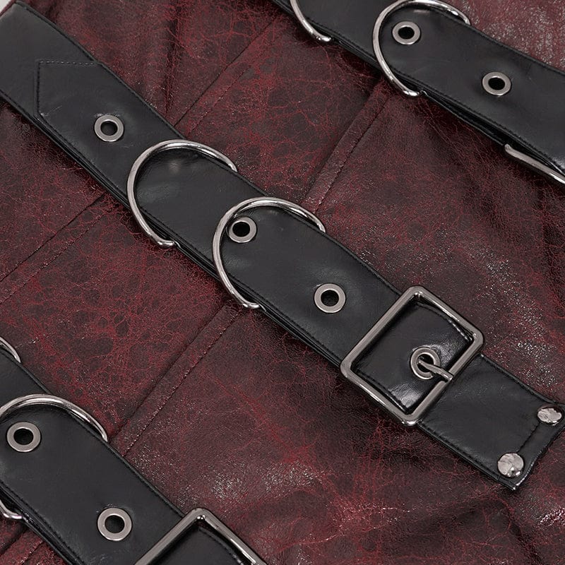 DEVIL FASHION Men's Punk Stand Collar Multi-buckle Faux Leather Coat Red