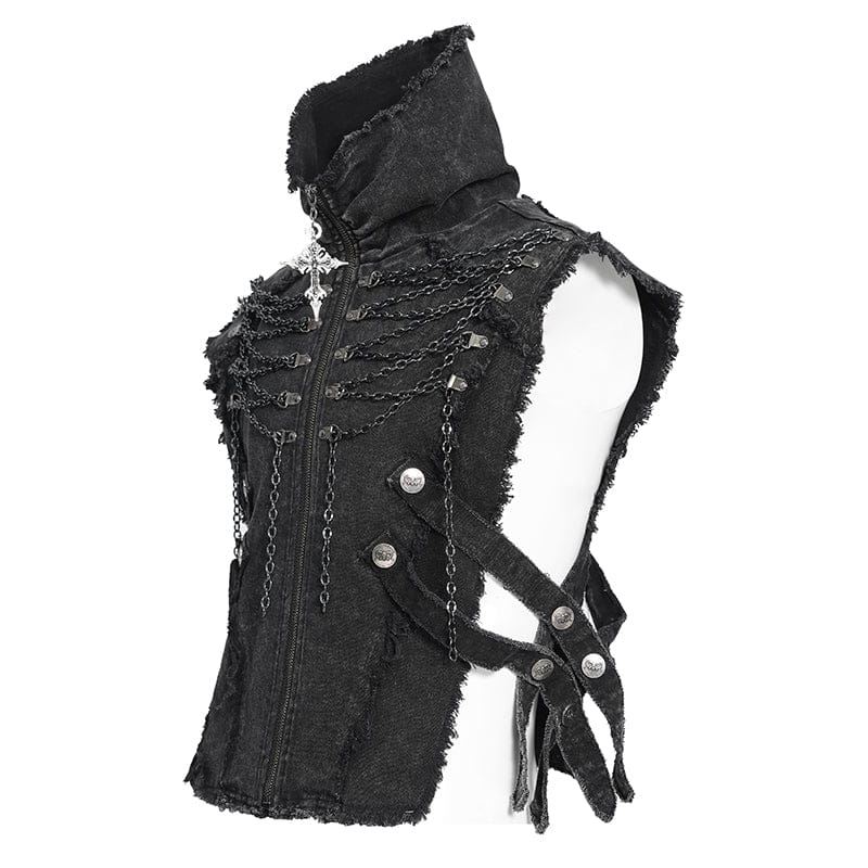 DEVIL FASHION Men's Punk Strappy Chained Unedged Vest