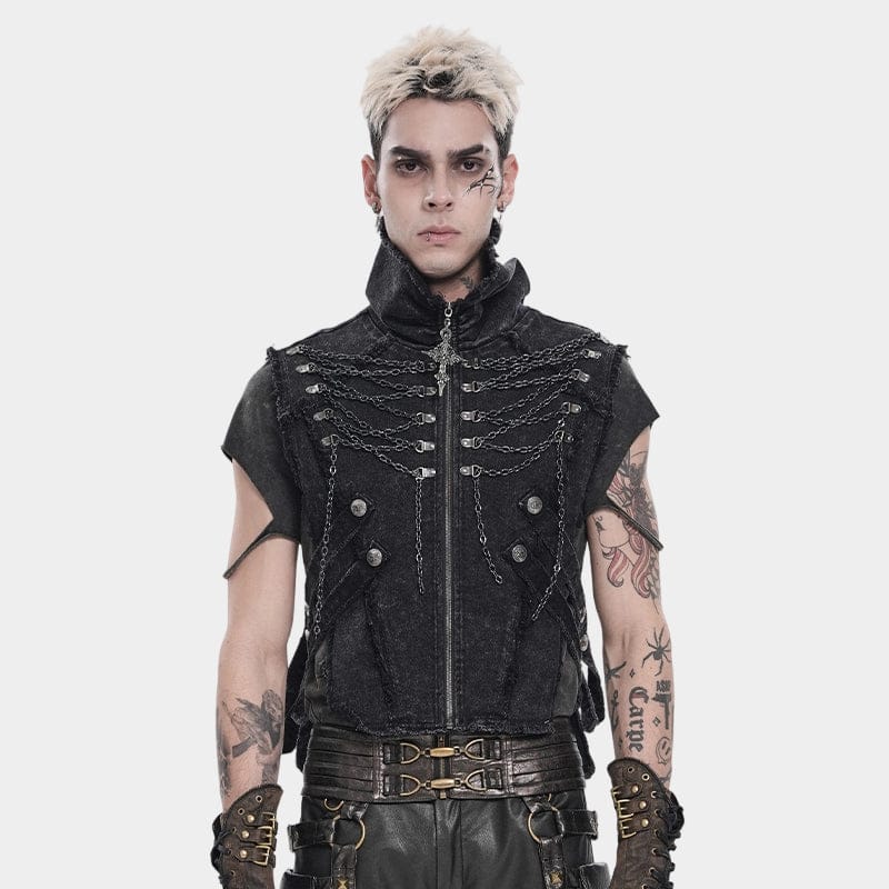 DEVIL FASHION Men's Punk Strappy Chained Unedged Vest