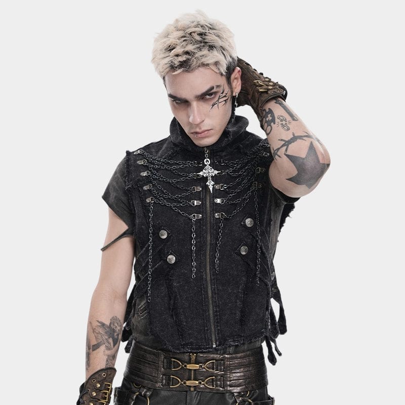 DEVIL FASHION Men's Punk Strappy Chained Unedged Vest