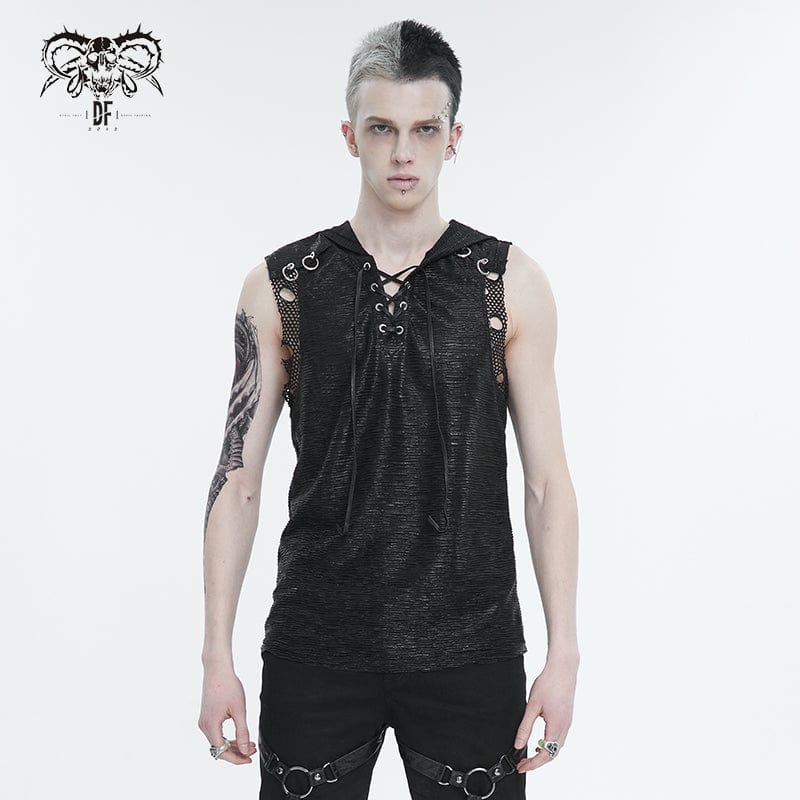 DEVIL FASHION Men's Punk Strappy Mesh Splice Vest with Hood