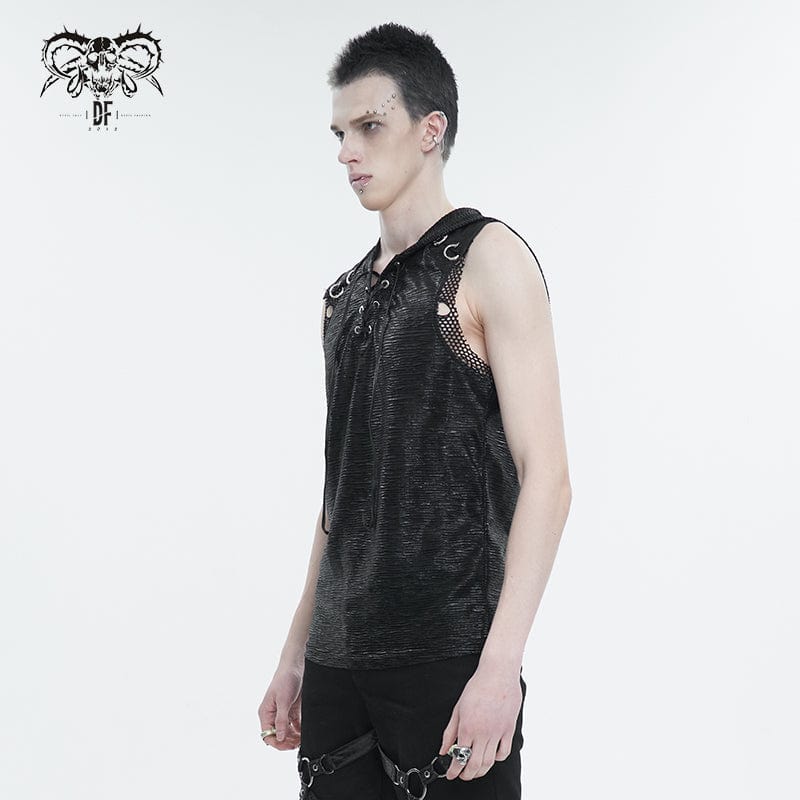 DEVIL FASHION Men's Punk Strappy Mesh Splice Vest with Hood