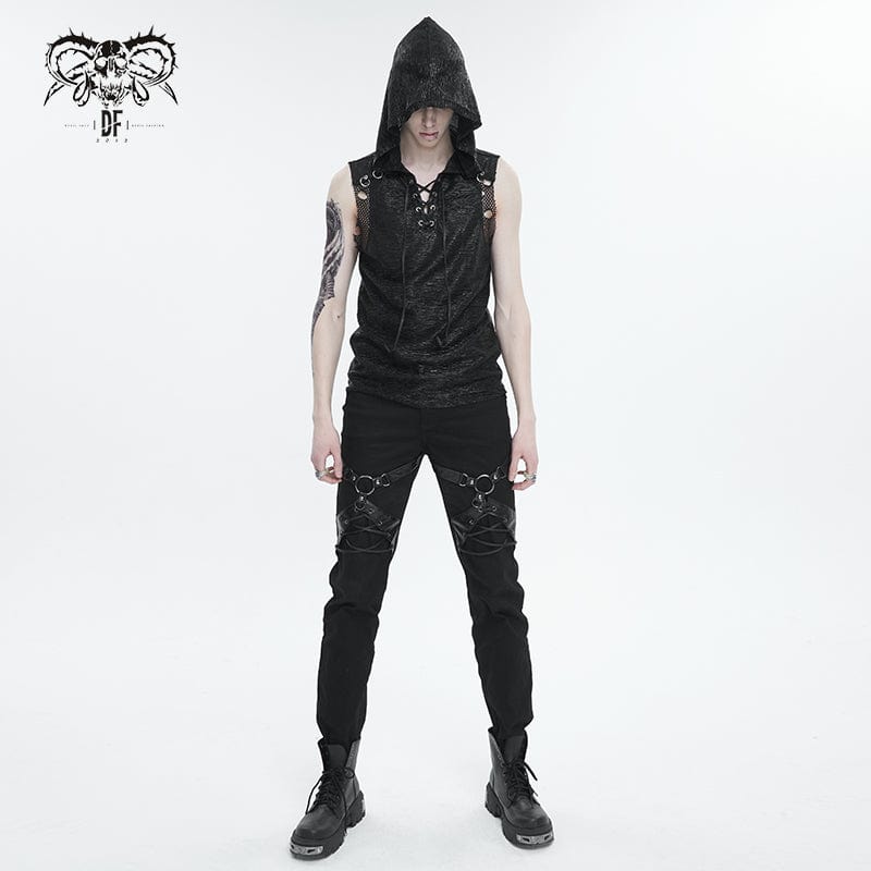 DEVIL FASHION Men's Punk Strappy Mesh Splice Vest with Hood