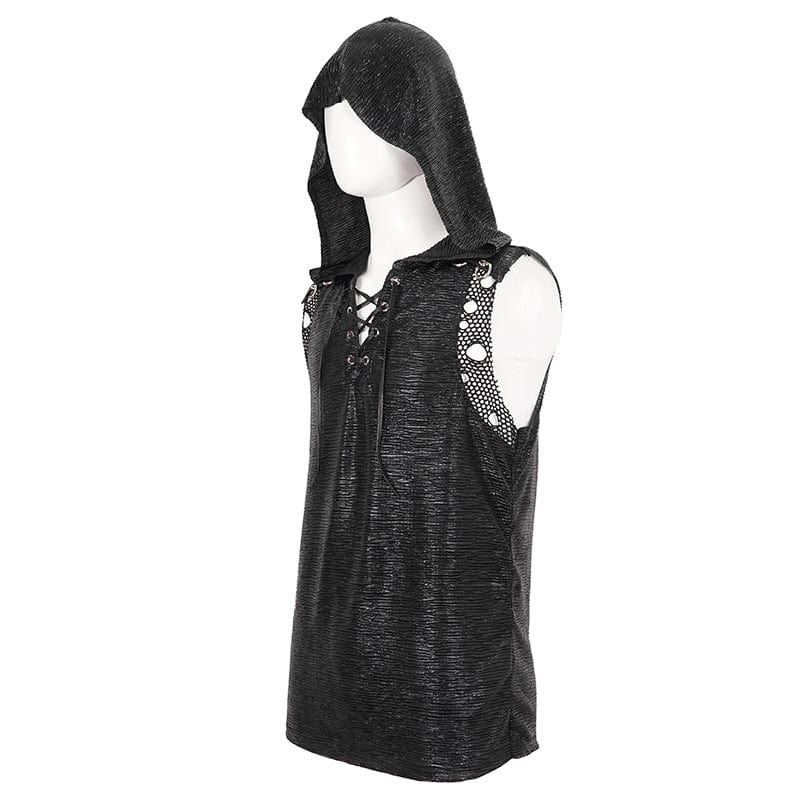 DEVIL FASHION Men's Punk Strappy Mesh Splice Vest with Hood