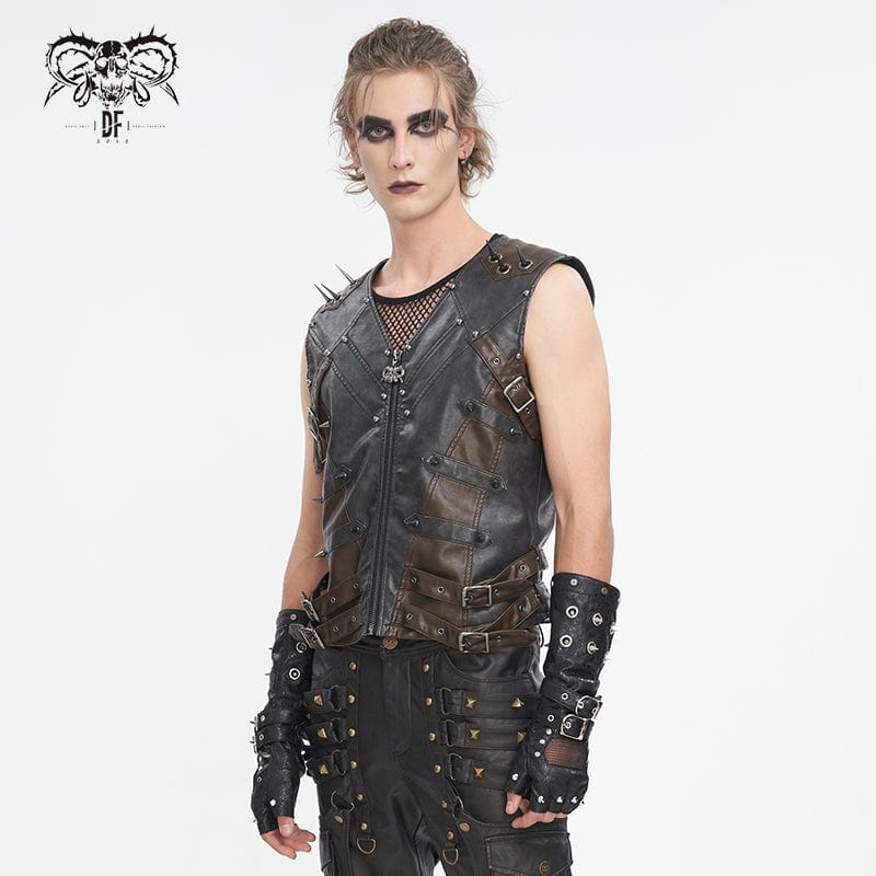 DEVIL FASHION Men's Punk Studded Black Faux Leather Vest