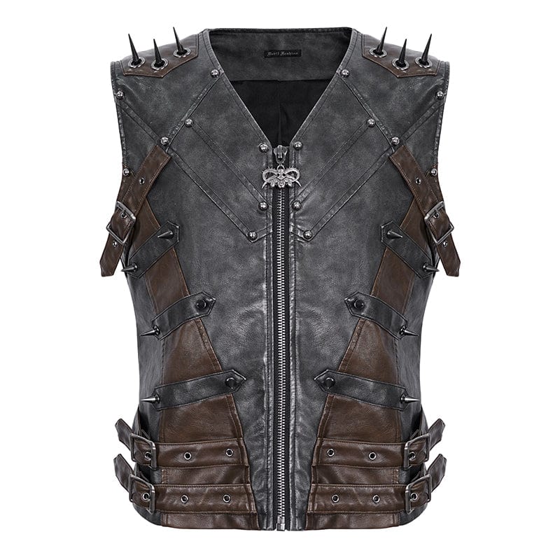 DEVIL FASHION Men's Punk Studded Black Faux Leather Vest