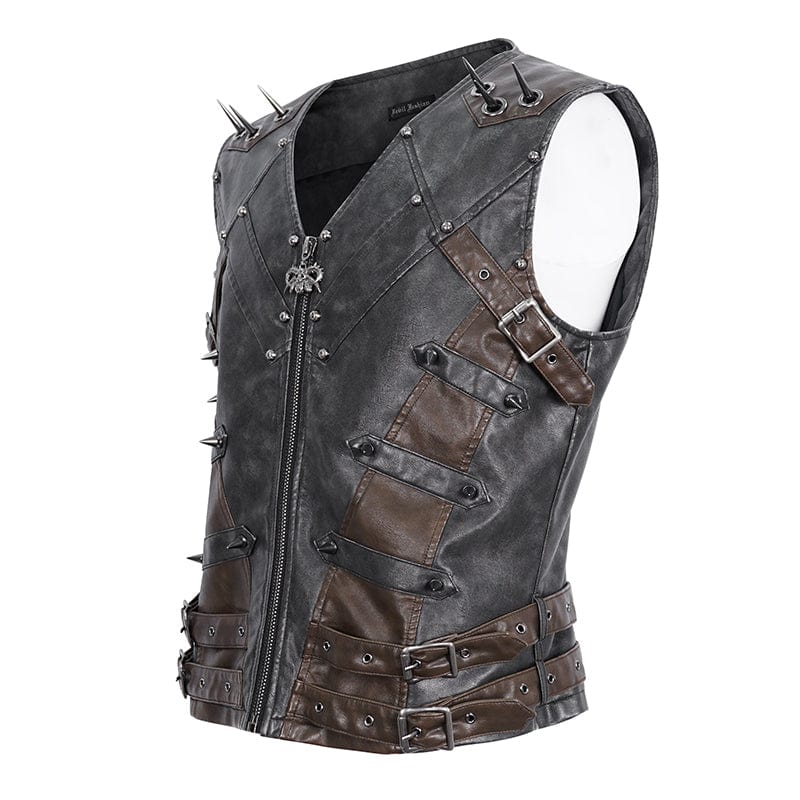 DEVIL FASHION Men's Punk Studded Black Faux Leather Vest