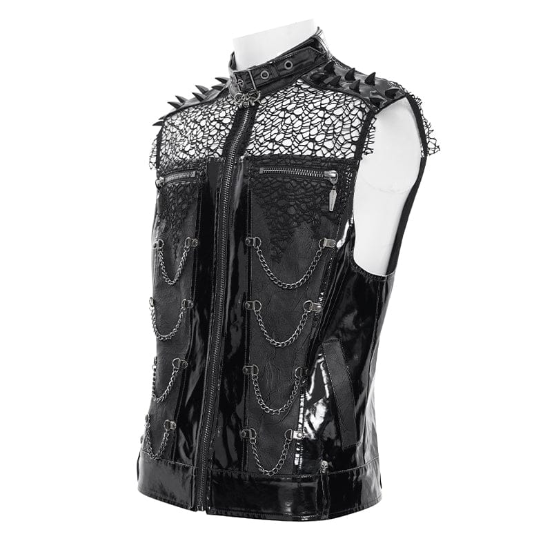 DEVIL FASHION Men's Punk Studded Chained Mesh Patchwork Vest