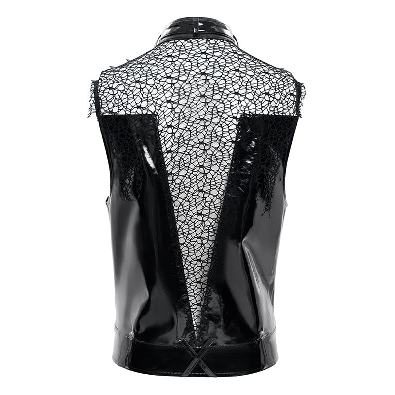 DEVIL FASHION Men's Punk Studded Chained Mesh Patchwork Vest
