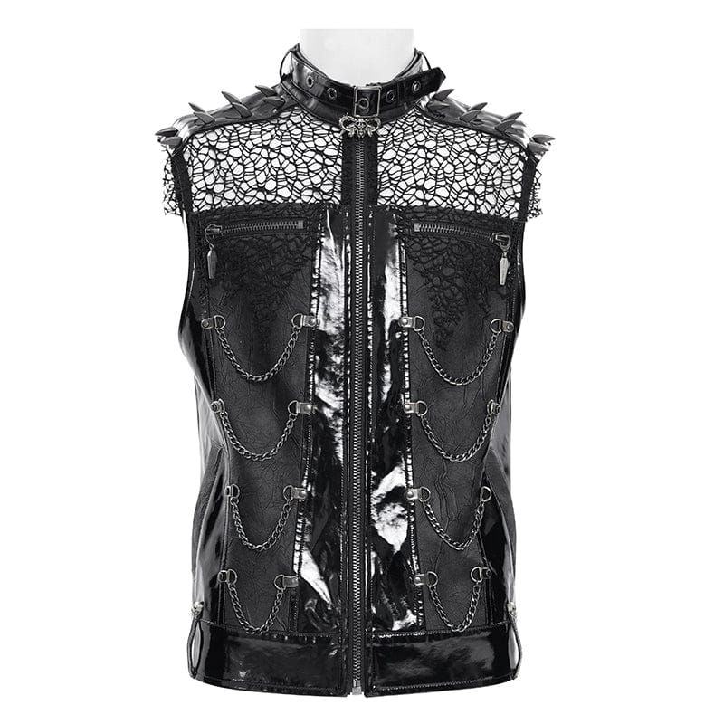 DEVIL FASHION Men's Punk Studded Chained Mesh Patchwork Vest