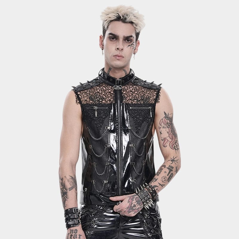 DEVIL FASHION Men's Punk Studded Chained Mesh Patchwork Vest