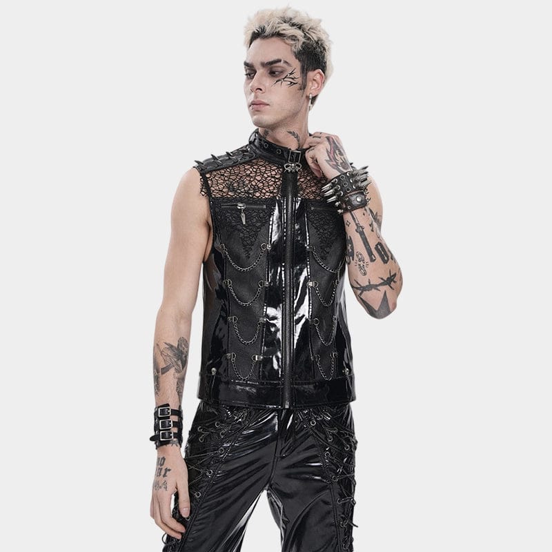 DEVIL FASHION Men's Punk Studded Chained Mesh Patchwork Vest