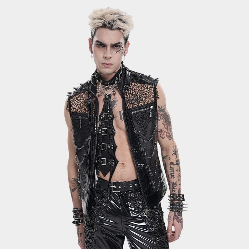 DEVIL FASHION Men's Punk Studded Chained Mesh Patchwork Vest