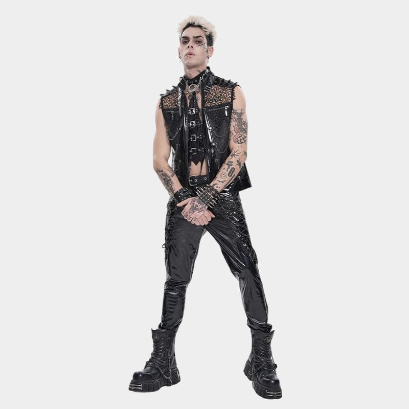 DEVIL FASHION Men's Punk Studded Chained Mesh Patchwork Vest
