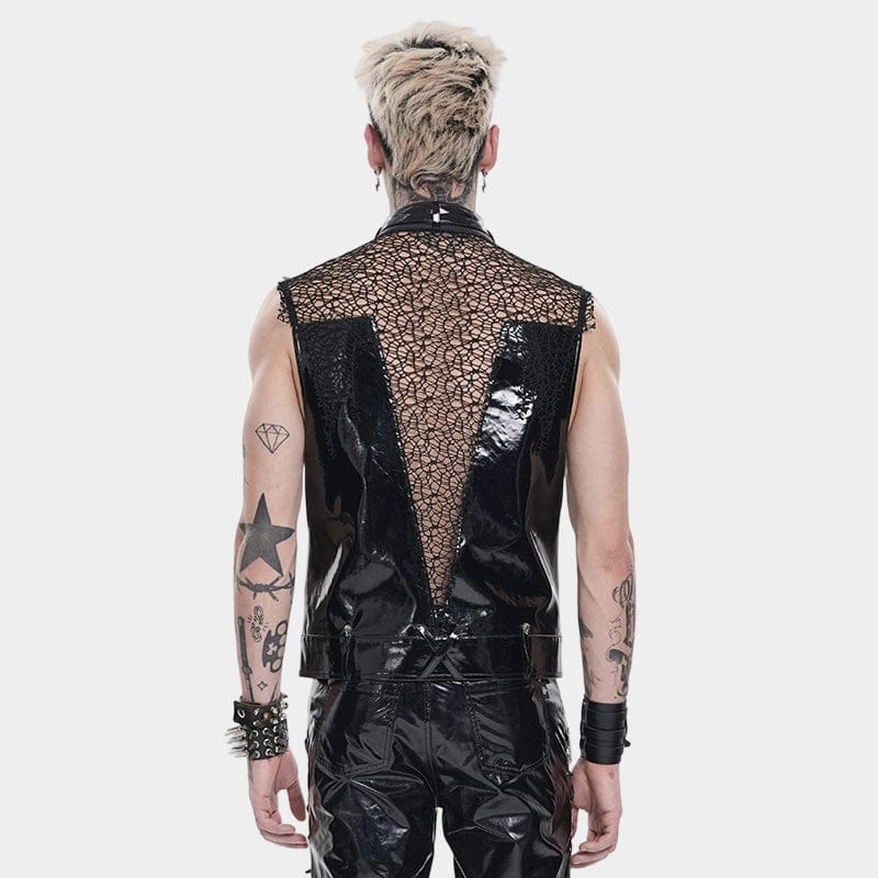DEVIL FASHION Men's Punk Studded Chained Mesh Patchwork Vest