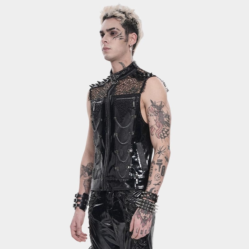 DEVIL FASHION Men's Punk Studded Chained Mesh Patchwork Vest