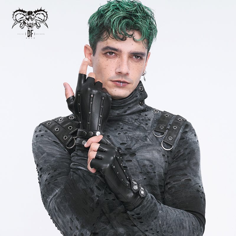 DEVIL FASHION Men's Punk Studded Faux Leather Half-finger Gloves