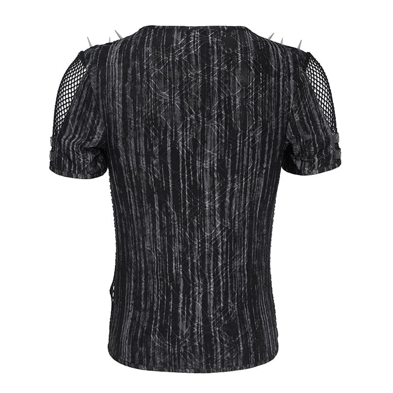 DEVIL FASHION Men's Punk Studded Mesh Splice Short Sleeved Top