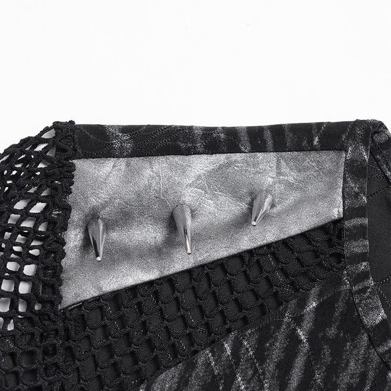 DEVIL FASHION Men's Punk Studded Mesh Splice Short Sleeved Top