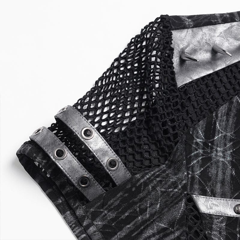 DEVIL FASHION Men's Punk Studded Mesh Splice Short Sleeved Top