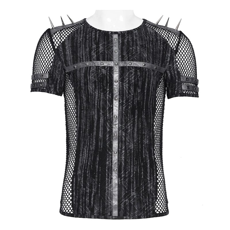 DEVIL FASHION Men's Punk Studded Mesh Splice Short Sleeved Top