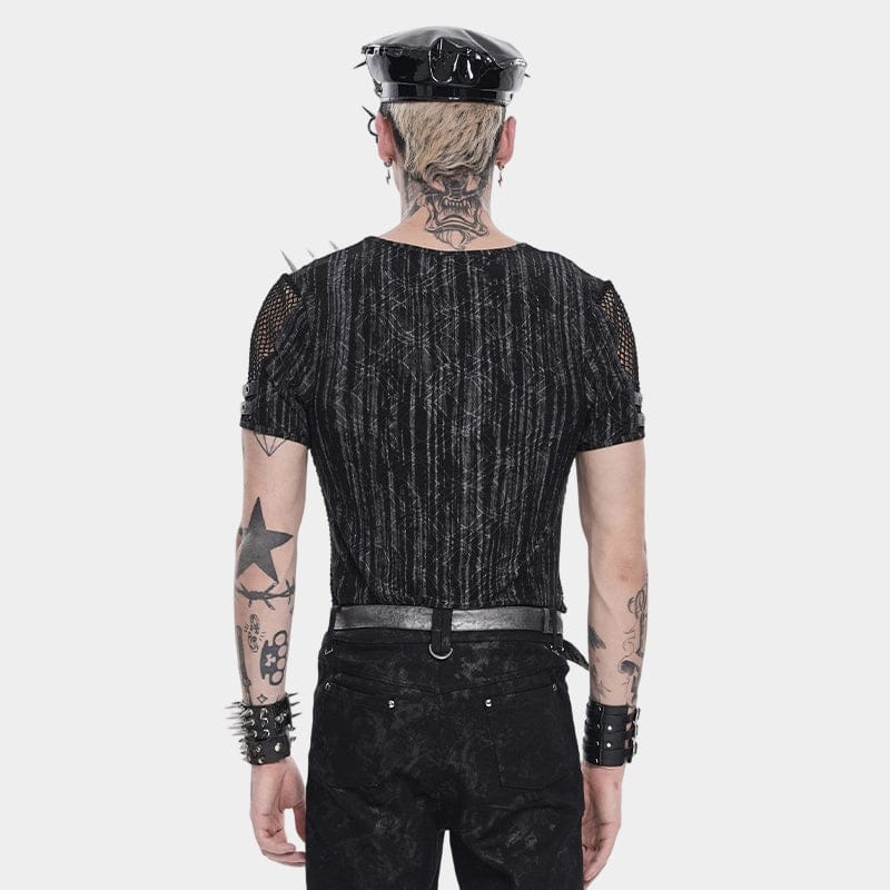 DEVIL FASHION Men's Punk Studded Mesh Splice Short Sleeved Top