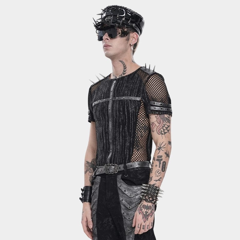 DEVIL FASHION Men's Punk Studded Mesh Splice Short Sleeved Top