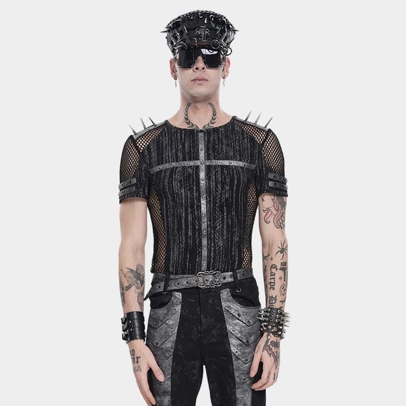 DEVIL FASHION Men's Punk Studded Mesh Splice Short Sleeved Top